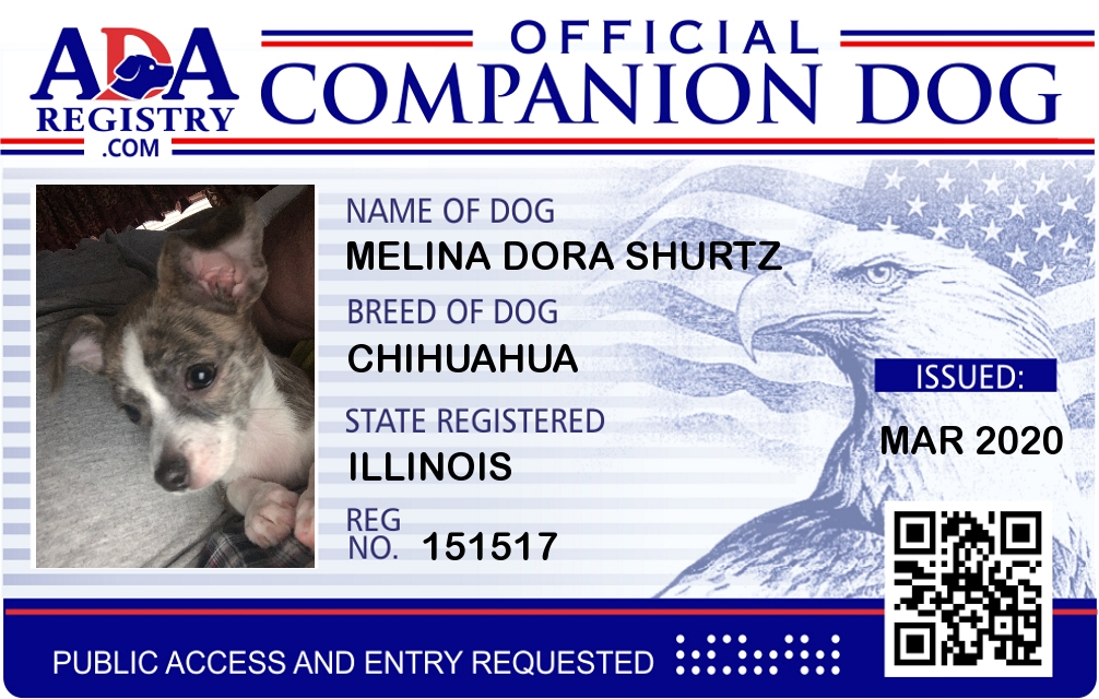 Companion Dog Registration for Melina Dora Shurtz ADA Assistance Dog Registry